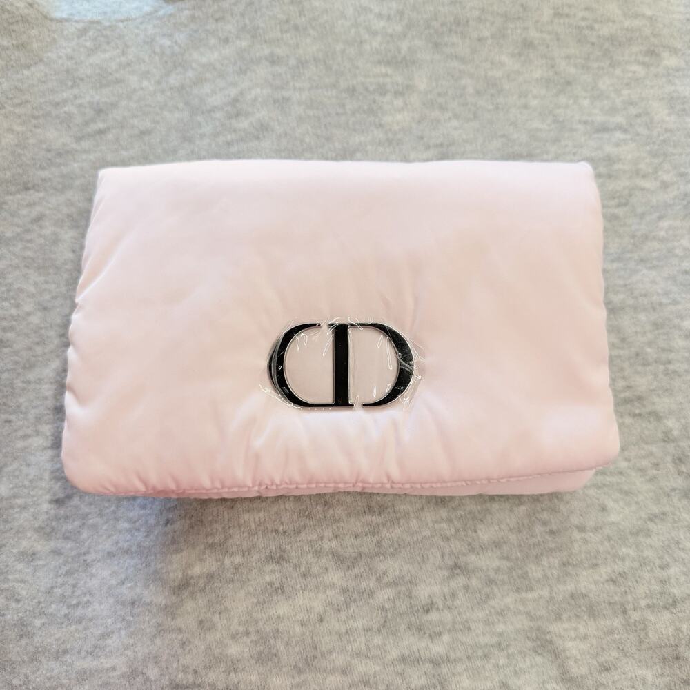 Christian DIOR Beauty PINK Puffy Satin Cosmetic Pouch Makeup Bag Toiletry 8x6”